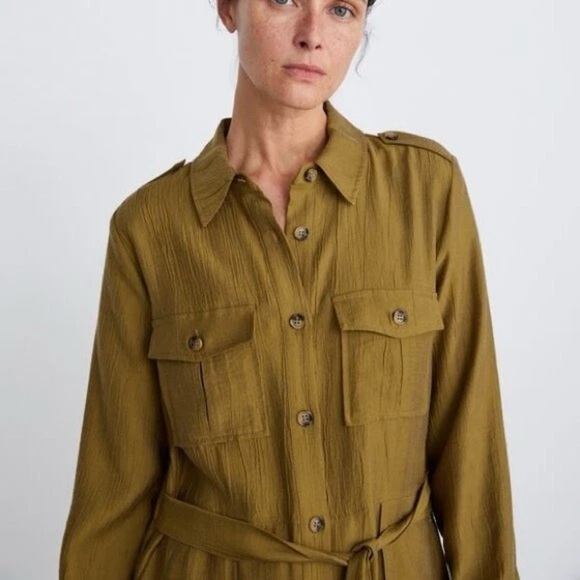 Zara Shirt Dress Tan Camel Color Pockets Belt Long Sleeve Size X-small Collar - Picture 3 of 15